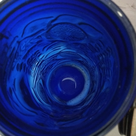 Vintage Cobalt Blue Glass Fruit Embossed Canister with Metal Hinged Lid 10" - Picture 7 of 10